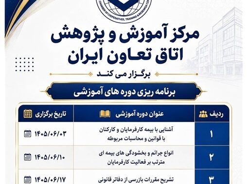 اعلام برنامه دورههای آموزشی مرکز آموزش و پژوهش اتاق تعاون ایران در شهریورماه ۱۴۰۵